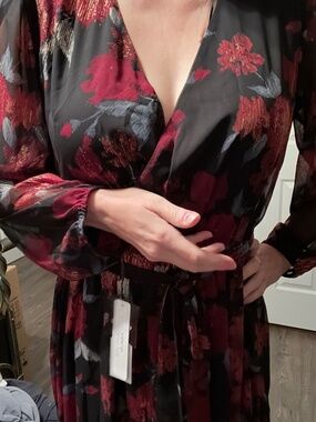 Red, Gold and Black Ankle Length Wrap Front Dress